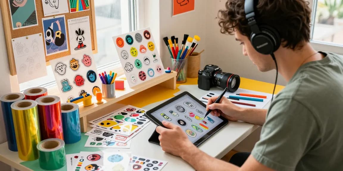 Creative workspace with a designer crafting custom stickers surrounded by colorful materials and tools.