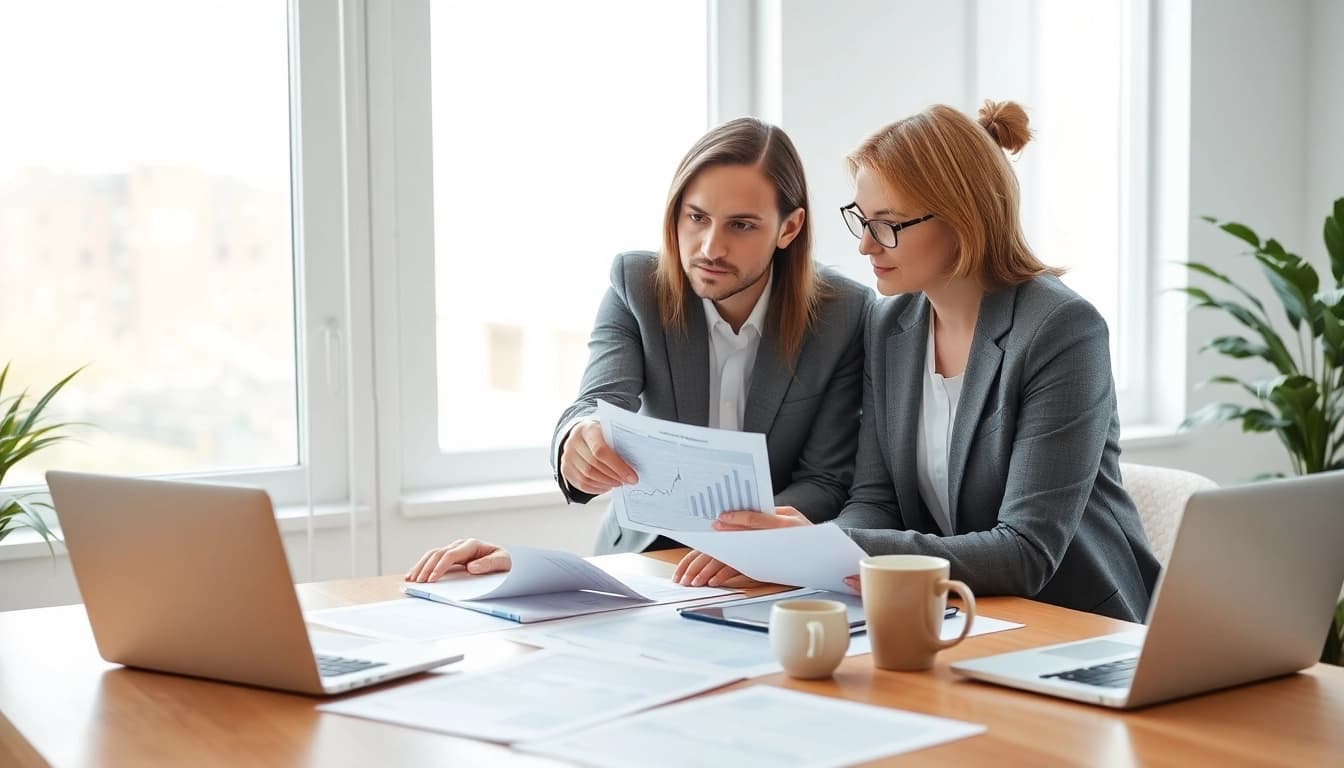 Beratung über Schulden Finanzamt Ratenzahlung mit einem Finanzberater und einem Klienten.