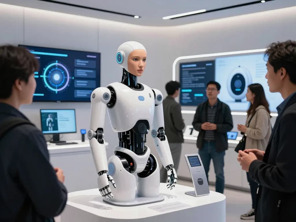 The innovative sex bot demonstrating lifelike interactions and AI features in a futuristic tech showroom.