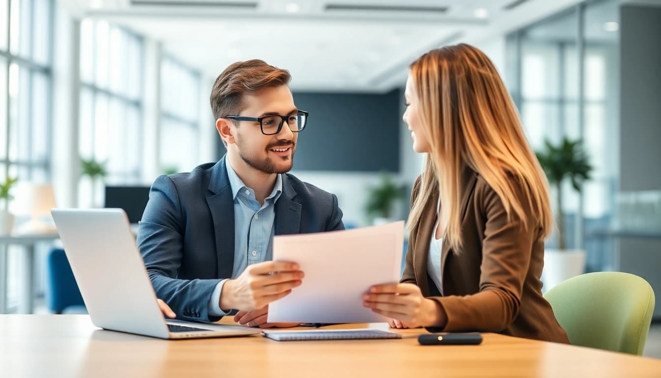 Headhunter IT Diskussion über Lebensläufe in modernem Büro mit Klienten.