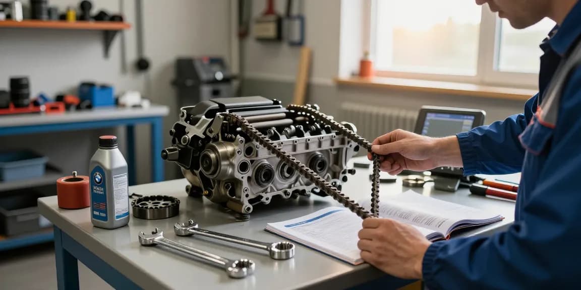 Mechaniker, der in einer gut ausgestatteten Kfz-Werkstatt BMW Steuerkette Wechseln Hannover durchführt, zeigt Präzisionswerkzeuge und eine neue Steuerkette.