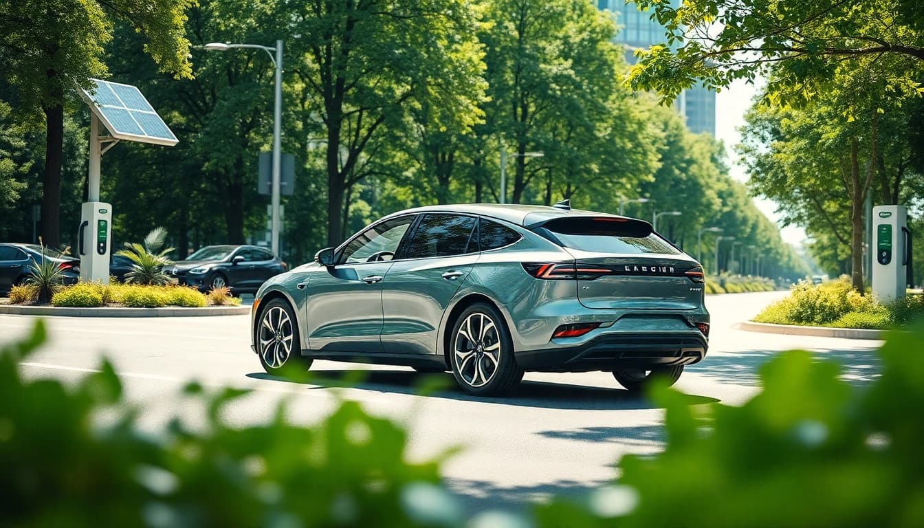 Elektroautos in urban environment with greenery and charging stations.