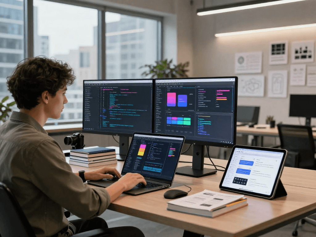 Mobile app development at http://debet-app.com in a modern workspace with vibrant UI designs.