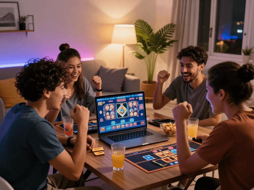 Enjoying a lively gaming session on trang chủ vin88 with friends in a vibrant home setting.
