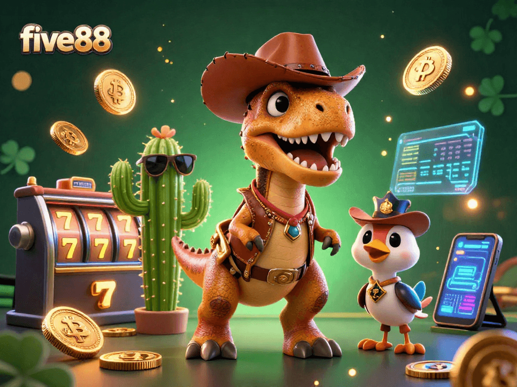 Engage with five 88 using a vibrant 3D casino scene featuring a dinosaur cowboy and crypto elements.