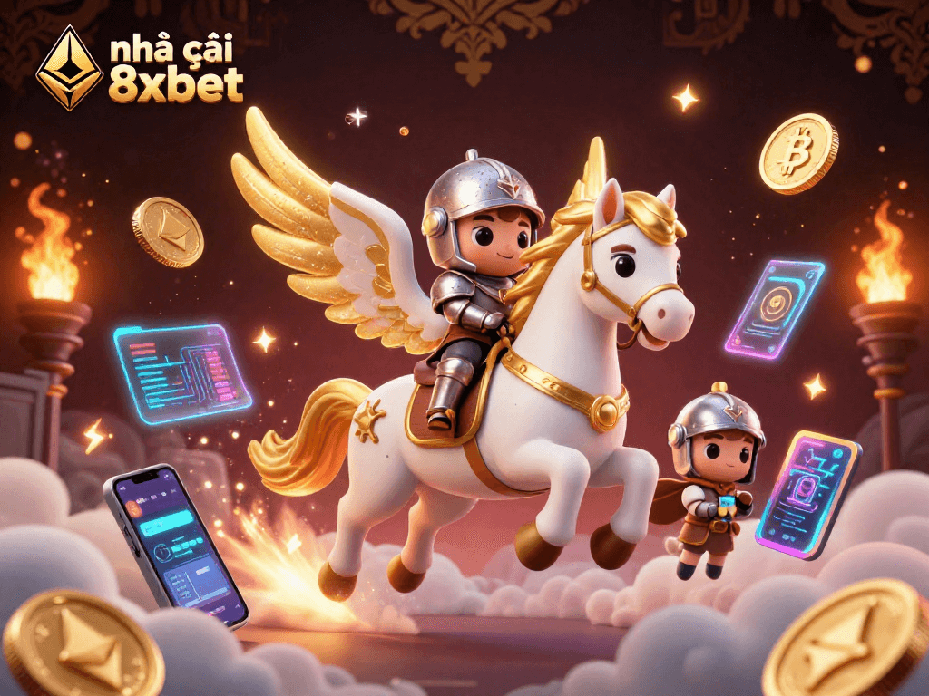 Engage with nhà cái 8xbet, an action-packed illustration showcasing a celestial horse and knight amidst crypto gaming elements.