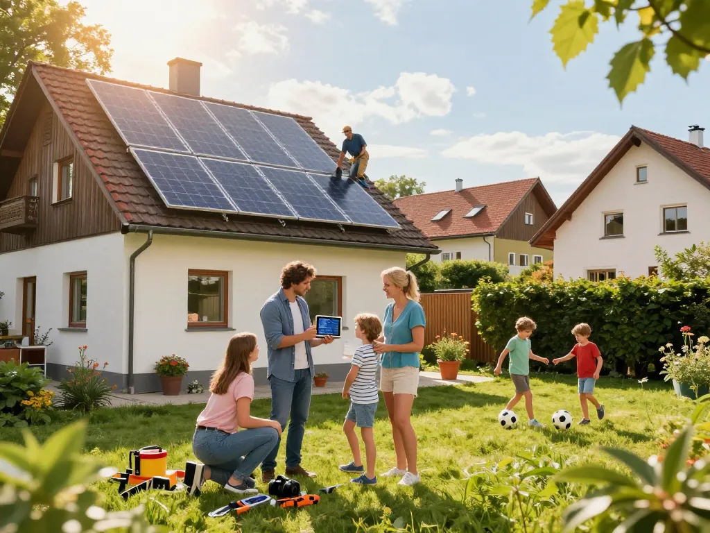 Photovoltaik Bayern Solarpanel-Installationsszene mit Familienbeteiligung in einem schönen bayerischen Garten.