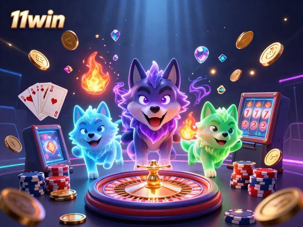 Engaging scene at 11win featuring glowing spectral wolves, vibrant casino elements, and dynamic gameplay atmosphere.