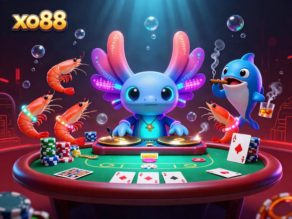 Experience vibrant gaming at xo88 with a neon axolotl DJ spinning at a packed casino scene.