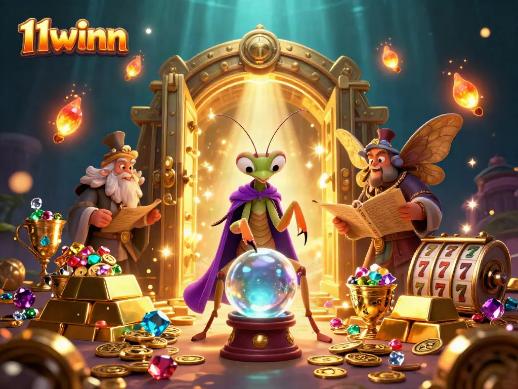 Engage in exciting slots with 11winn's vibrant casino-themed illustration showcasing characters and treasures.