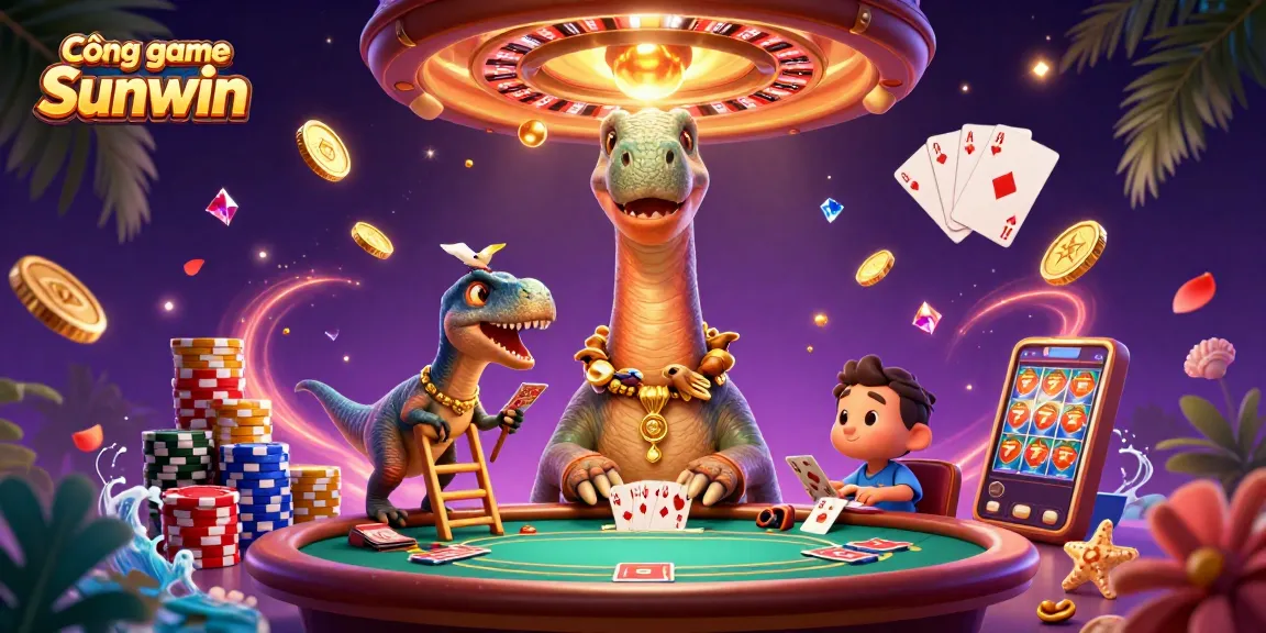 Cổng game Sunwin scene with a giant brontosaurus, raptor dealer, and sparkling casino elements