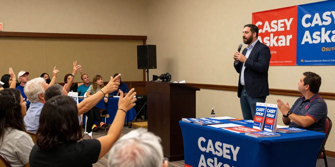 Casey Askar engaging with a diverse audience at a political town hall meeting.