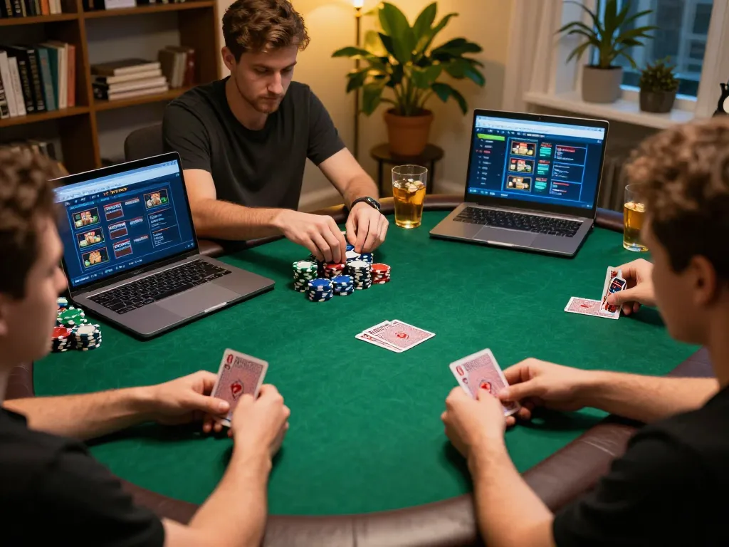 Players engaging in an online poker game at dagago with visible chips and hands holding cards