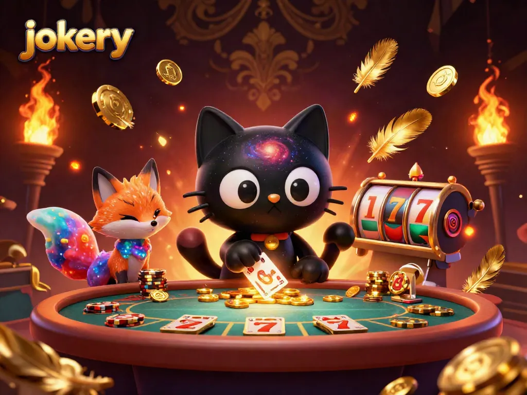 Experience thrilling action at jokery casino game with a cosmic black hole cat and colorful fox.