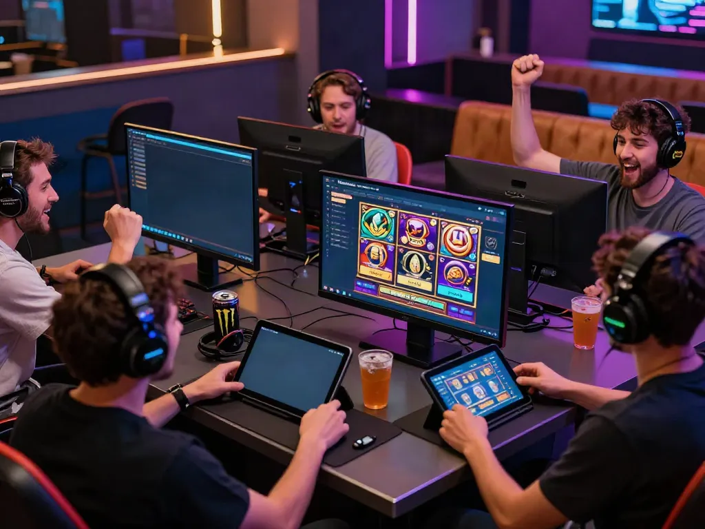 Exciting online gaming ambiance featuring players engaged at Nohuwin, showcasing diverse slot games.