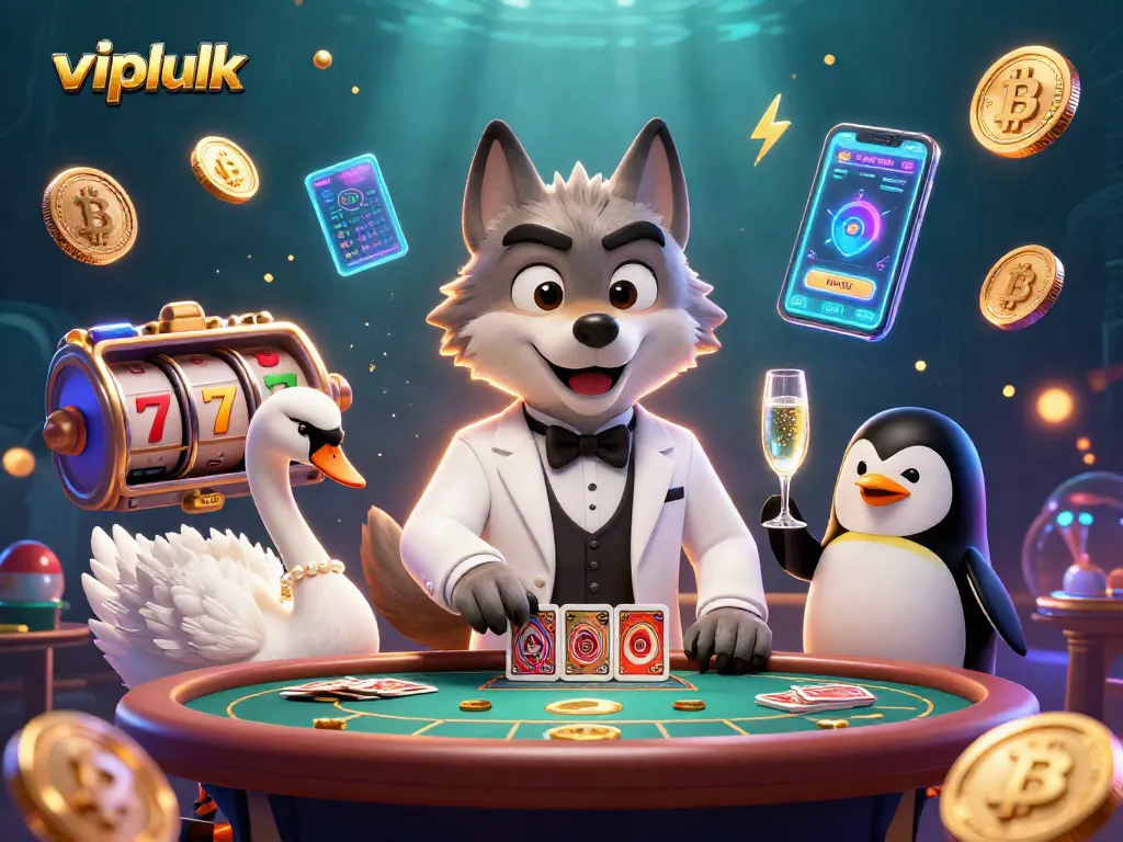 Experience thrilling baccarat with vipluck as a debonair wolf and elegant swan deal cards.