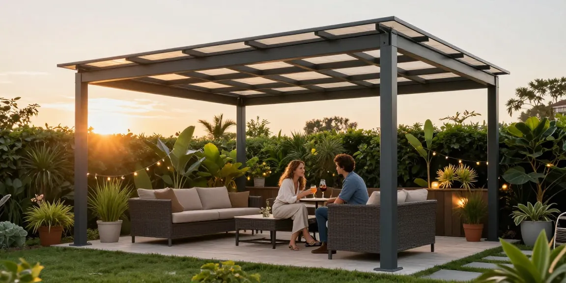 Terrassenüberdachung freistehend mit gemütlicher Sitzgruppe und warmem Licht im Garten.