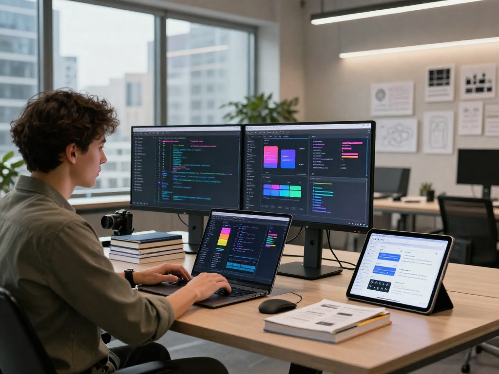 Mobile app development at http://debet-app.com in a modern workspace with vibrant UI designs.