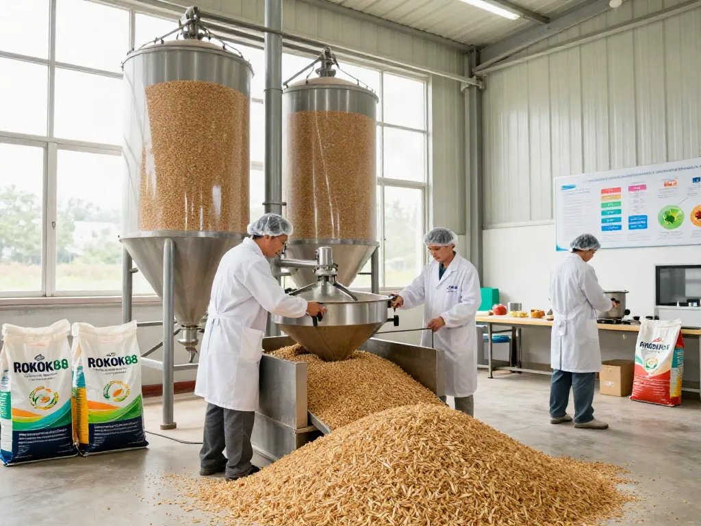 ROKOK88 slot animal feed production scene with high-quality ingredients and dedicated team.