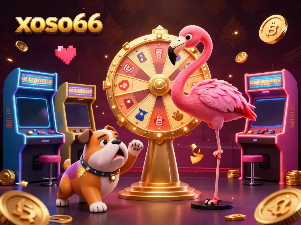 Watch "xoso66" come alive with vibrant game show excitement, featuring a flamingo host and bulldog contestant amidst colorful arcade elements.