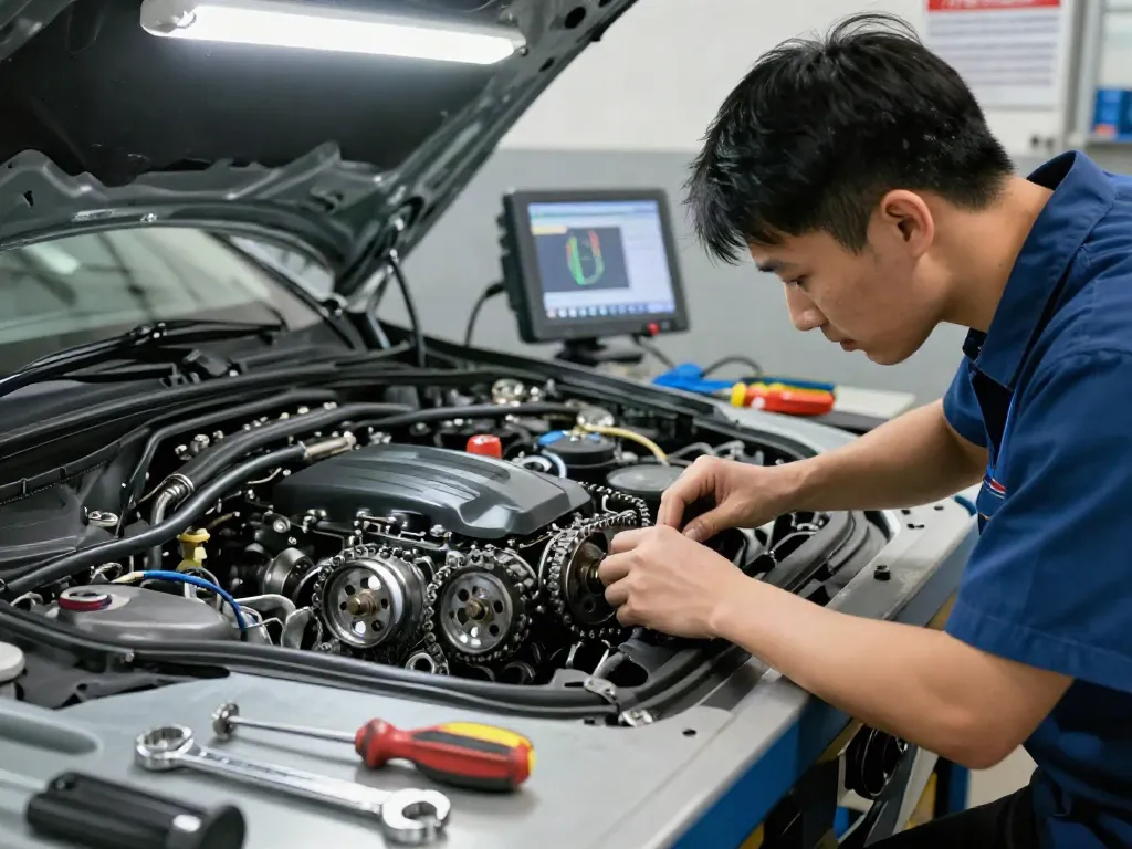 Professioneller Mechaniker überprüft Steuerkette wechseln Hannover in einer modernen Werkstatt.