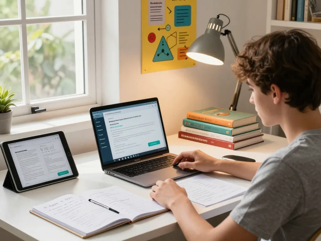 Student nutzt die Hausaufgaben KI kostenlos App auf dem Laptop in einer hellen Lernumgebung