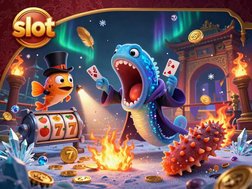 Engaging slot scene with bioluminescent gulper eel performing tricks, surrounded by dynamic casino elements.