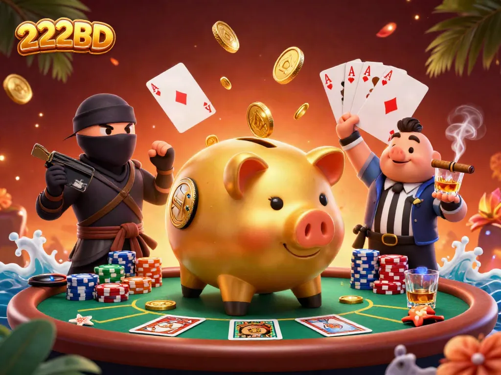 Experience the thrill of 222BD with a dynamic casino showdown featuring a piggy bank sumo wrestler.