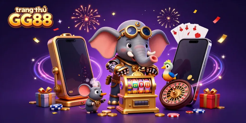 Experience the excitement at trang chủ GG88 with a whimsical 3D steampunk elephant operating a golden slot machine amidst gambling elements.