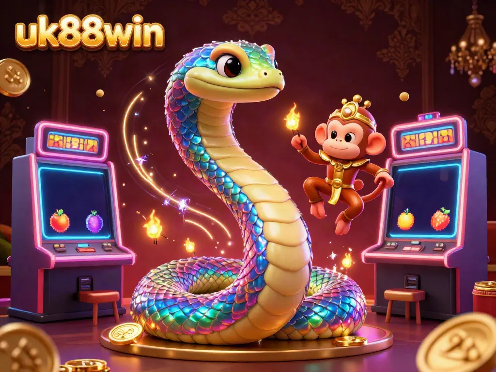 Experience thrilling gameplay at uk88win with a vibrant 3D casino scene full of colorful slot machines and magical characters.