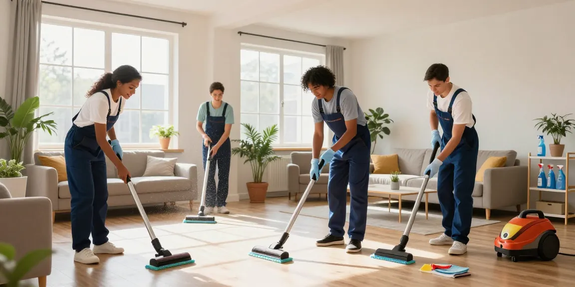 Professional cleaning team from a reinigungsfirma bern diligently cleaning a bright living room, showcasing expertise and trust.