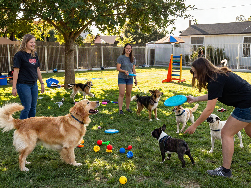 Exciting dog daycare scene showcasing depo 10k dogs playing joyfully in the sun.