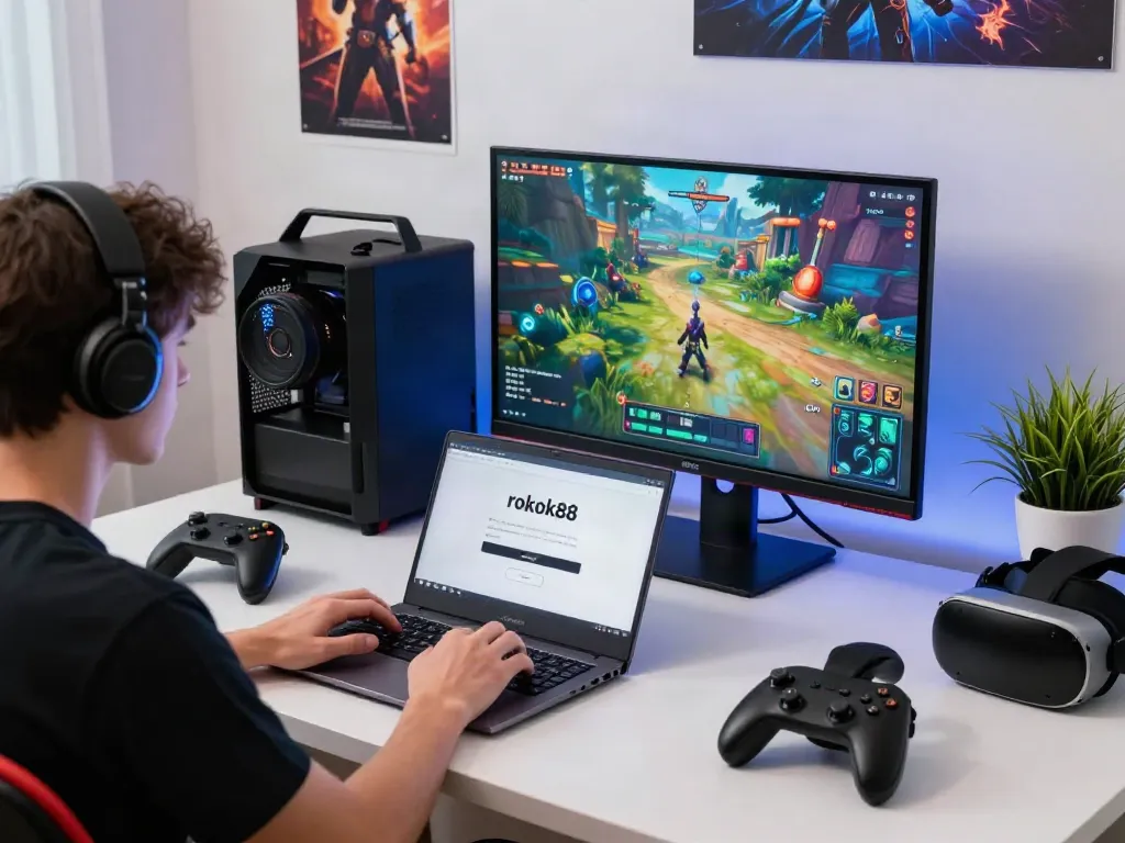 Engaging workspace with rokok88 login screen on laptop and gaming accessories.