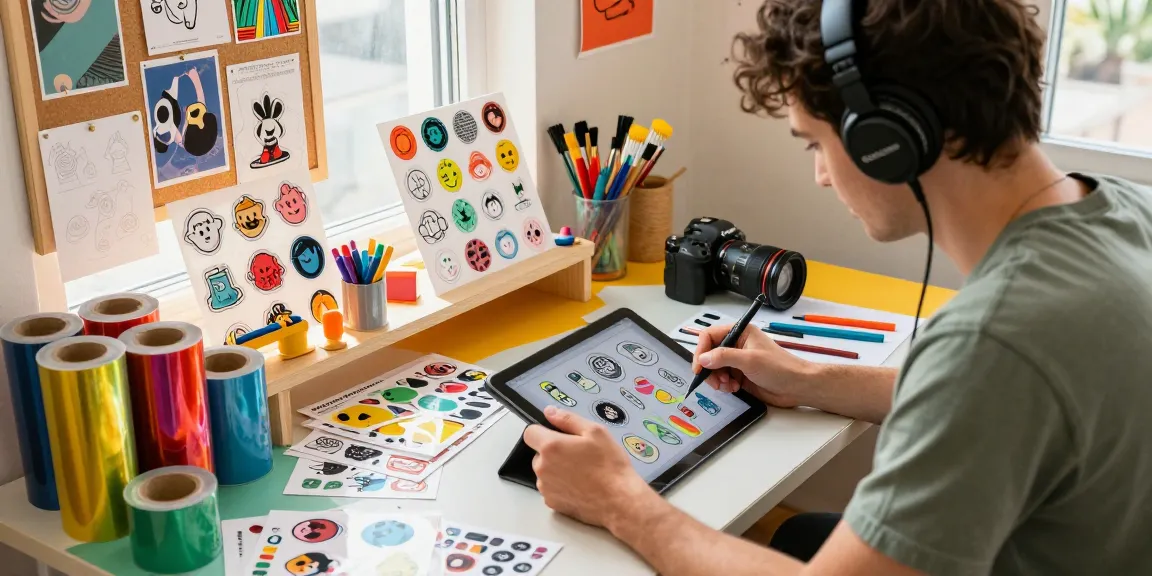 Creative workspace with a designer crafting custom stickers surrounded by colorful materials and tools.