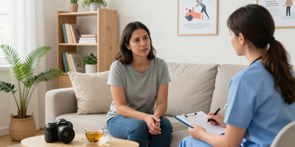 Patient im Gespräch über Fibromyalgie mit einem verständnisvollen Arzt in einer beruhigenden Therapieräume.