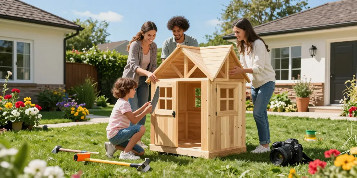 Familie beim Bau eines Gartenhauses im blühenden Garten.