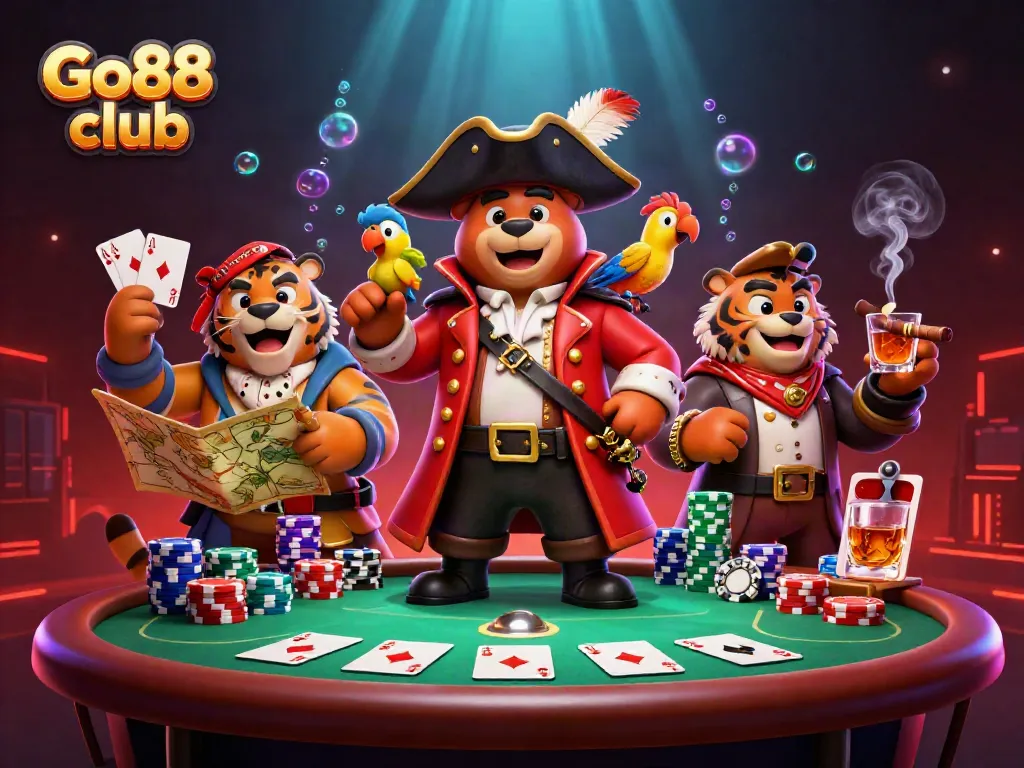 Experience the dynamic gaming atmosphere of the Go88 club with vibrant characters and poker elements.
