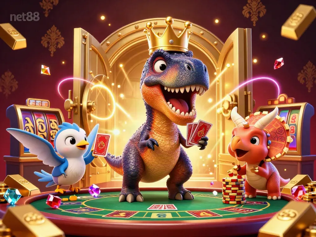 Experience net88 betting fun with a vibrant 3D illustration showcasing a dinosaur-themed casino game scene.