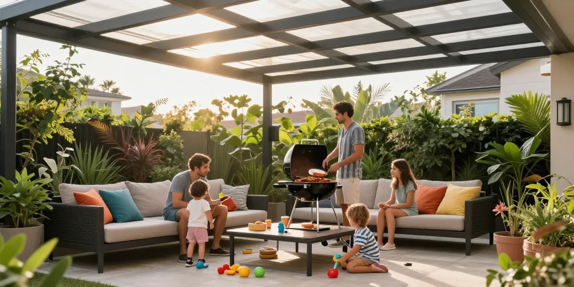 Familie unter einer modernen Terrassenüberdachung, die eine entspannte Grillparty genießt und eine einladende Atmosphäre schafft.