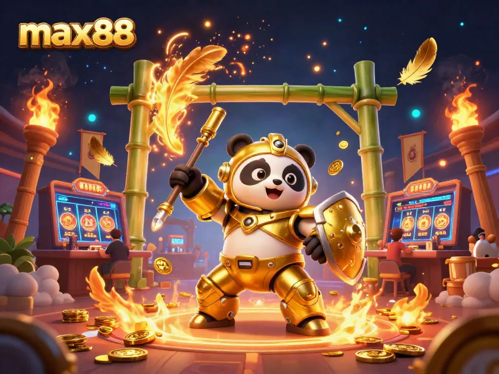 Engage with the vibrant online casino scene of max88, featuring a golden panda in a mech suit amidst dynamic gambling elements.