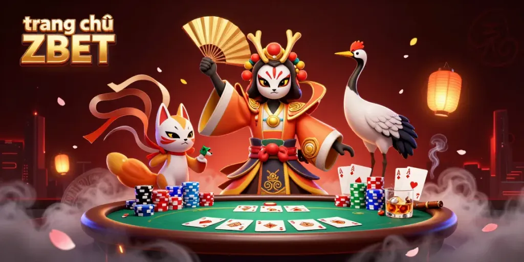 Engage with the action at trang chủ ZBET, featuring a kabuki warrior and poker scene.