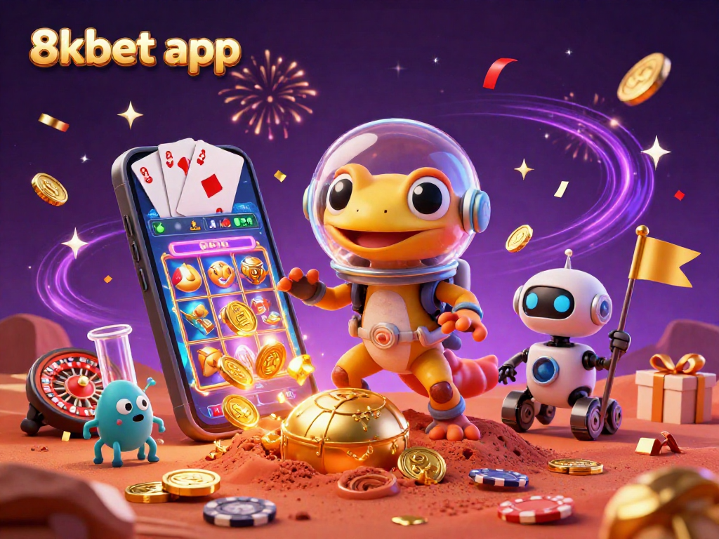 Join the fun with 8xbet app as a Martian gecko uncovers a golden casino in this vibrant scene!