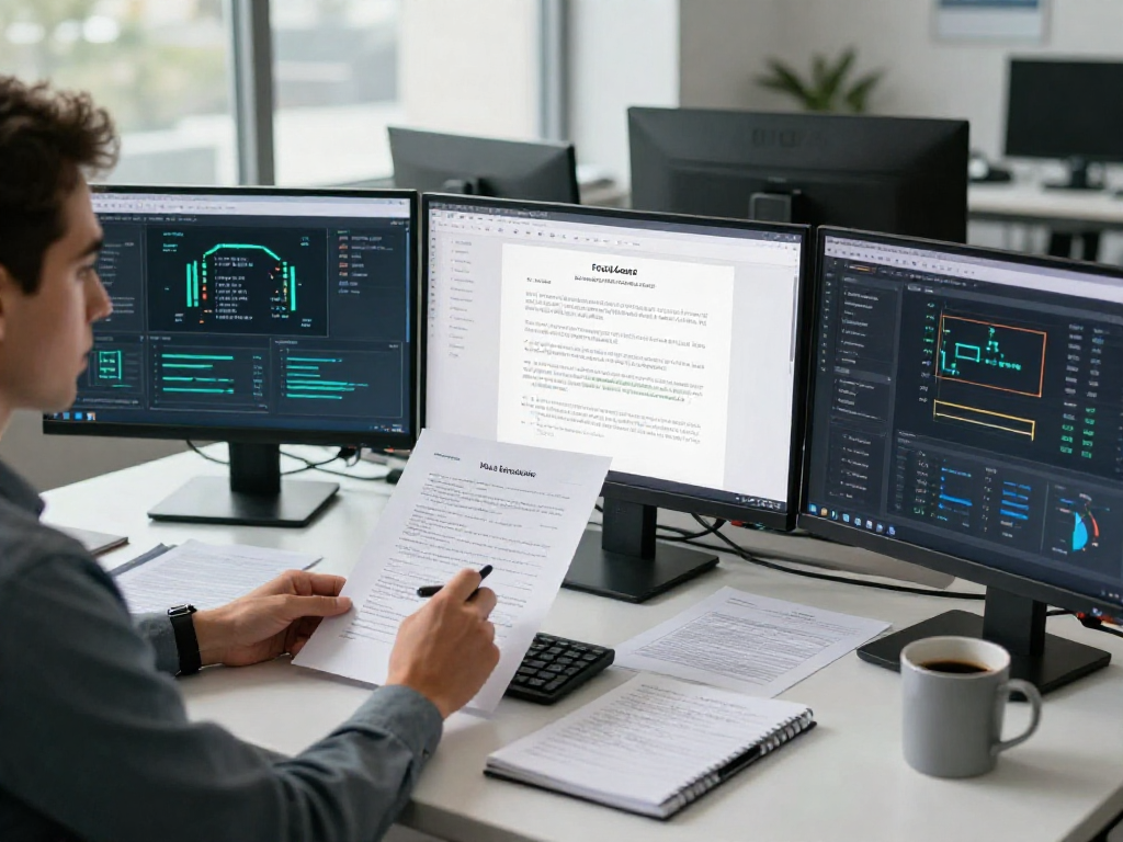An analyst performing document fraud detection analysis in a modern office, showcasing AI tools and suspicious document highlights.