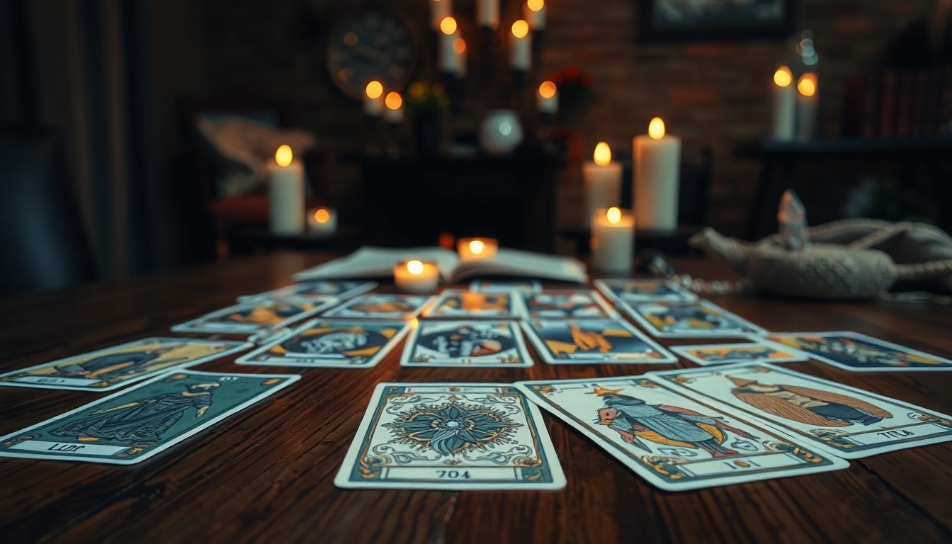 Entdecken Sie die tarotkarten bedeutung durch kunstvoll gestaltete Karten auf einem Tisch.