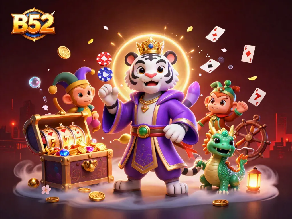 Experience thrilling B52 casino action with vibrant characters and dynamic gaming elements in an exciting 3D scene.