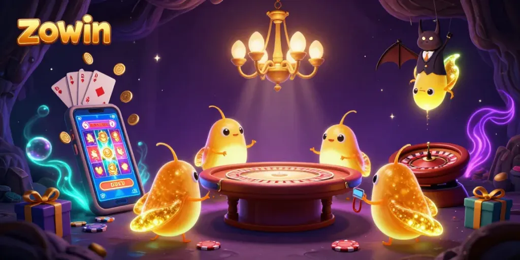 Play exciting games with zowin in a glowworm-themed casino bursting with vivid colors and dynamic elements.