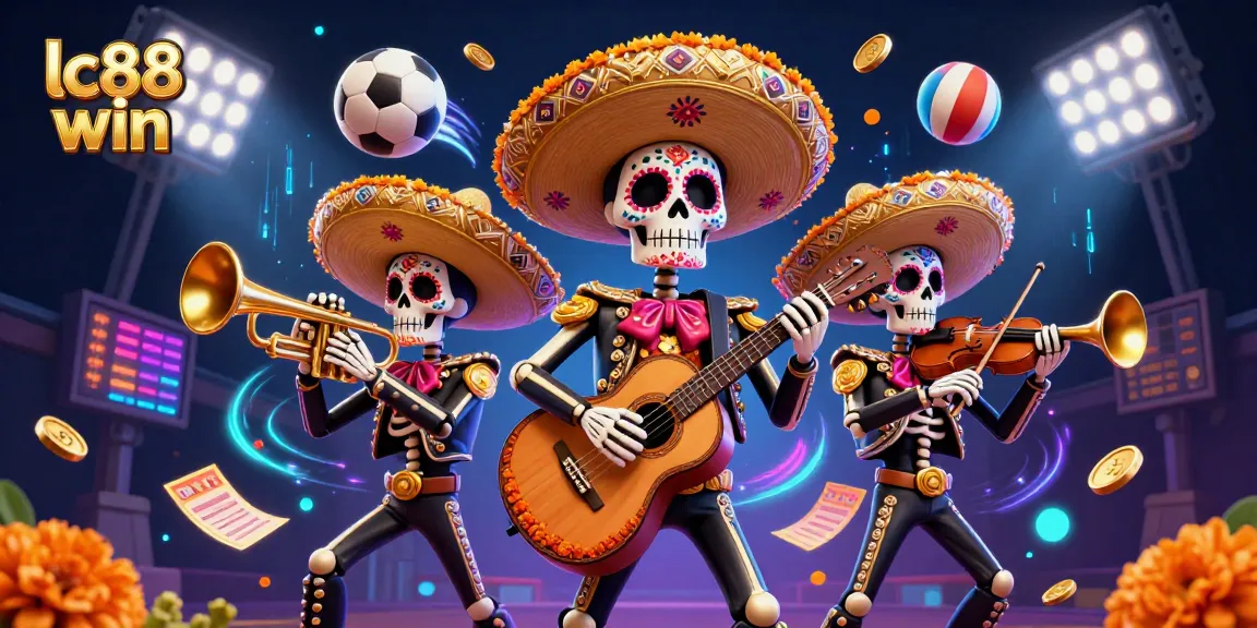 Experience the excitement of lc88 win with a lively mariachi band amidst sports and casino elements.