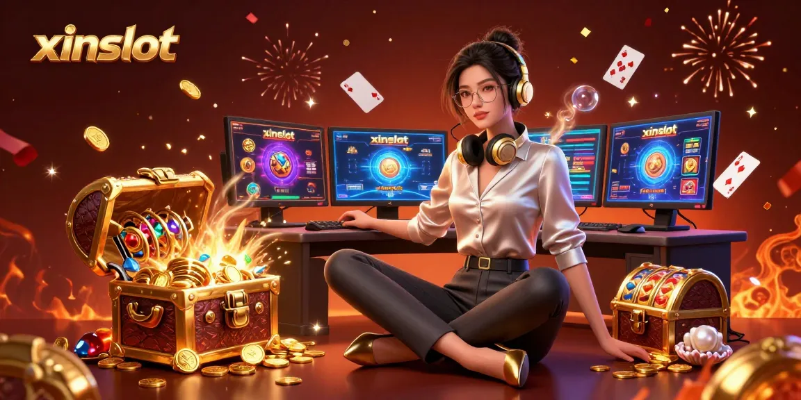 XINSLOT showcases a captivating scene of an elegant Asian woman playing at a high-tech casino gaming setup.
