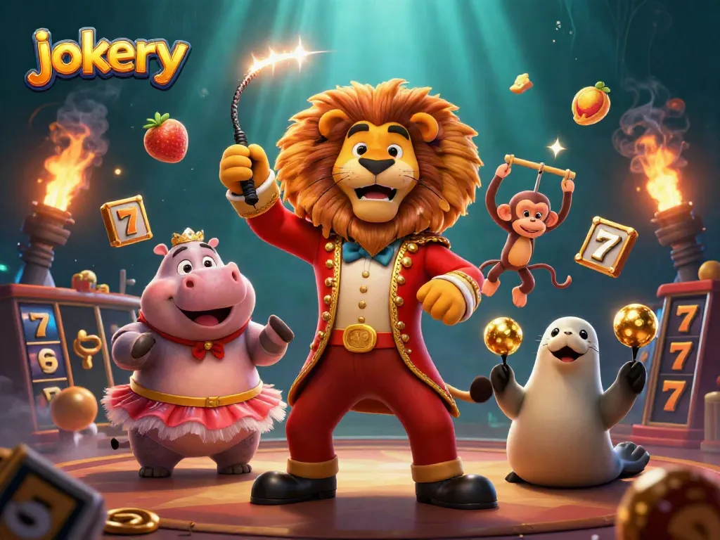 Engage in the thrill of jokery with dynamic slot elements and circus characters in vibrant 3D illustration.