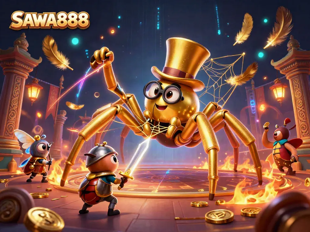Engage with the exhilarating world of SAWA888 as a golden tarantula weaves a golden web amidst a vibrant casino scene, filled with gaming excitement.